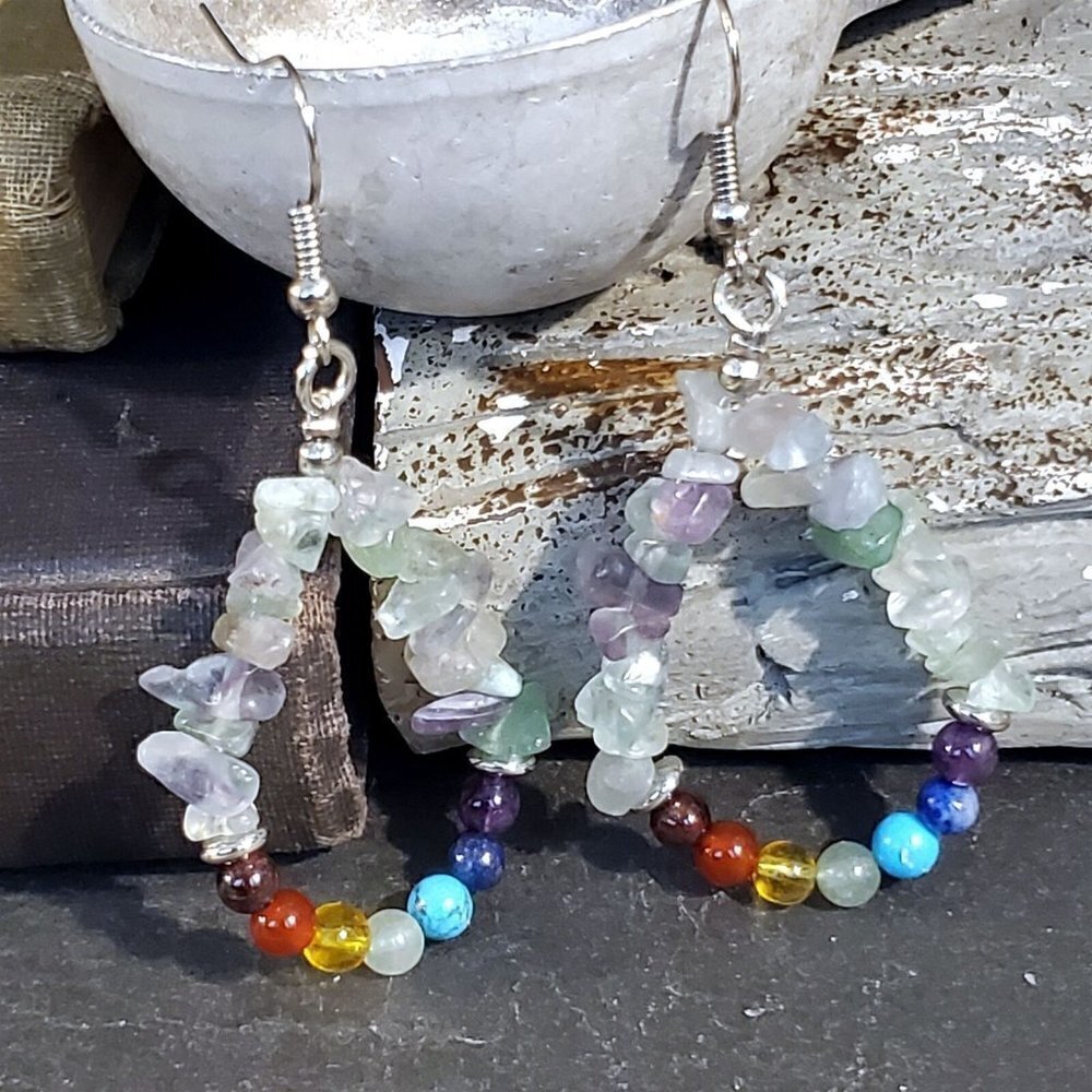 Artisan Rainbow Fluorite 7 Chakras Yoga Om Mindful Gemstone Teardrop Earrings